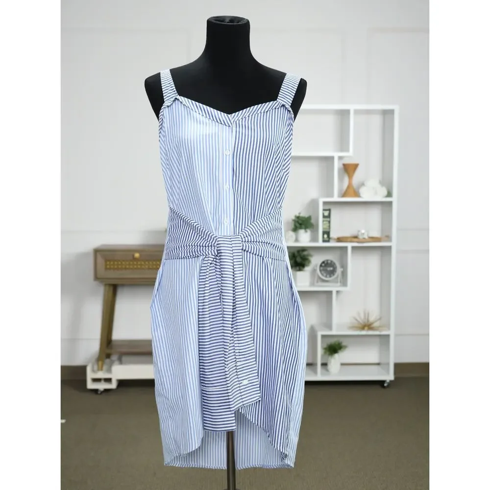 Walter Baker Blue White Stripe Tie Waist High-Low T-Shirt Dress M Coastal Resort